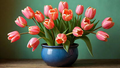 Pink Tulips, Vase, Table, Flowers, Floral, Bouquet, Decoration, Decor, Bloom, Petals, Spring, AI Generated