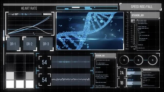 Animation of dna strand and data processing on black background