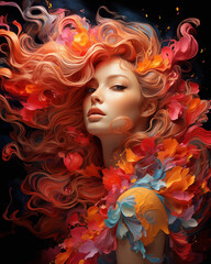 Fototapeta na wymiar Artistic Abstract Female Portrait with Colorful Flower Hair Texture