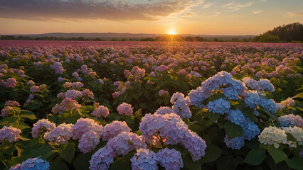A vast field stretching to the horizon covered in a sea of hydrangea flowers in full bloom and the...