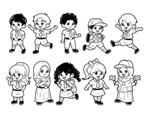 Boys and girls elementary school student outline sketch vector illustration set