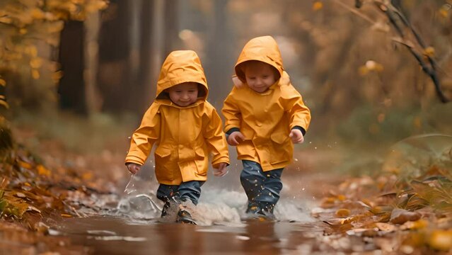 Happy smiling children in yellow raincoat and rain boots running in puddle an autumn walk, generative ai