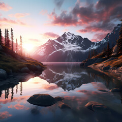 A serene mountain lake reflecting the sunset.
