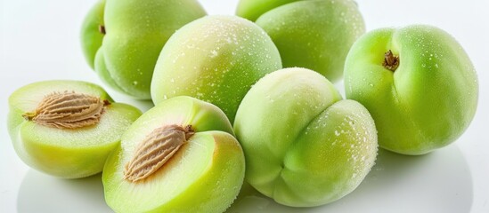 A cluster of vibrant green apples is neatly arranged on a clean white plate. The apples exude freshness and are ready to be picked up and enjoyed.