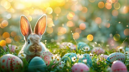 Fototapeta na wymiar Abstract Defocused Easter Scene - Ears Bunny Behind Grass And Decorated Eggs In Flowery Field.