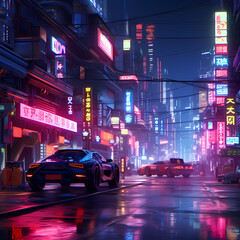 Cyberpunk street scene with neon lights.