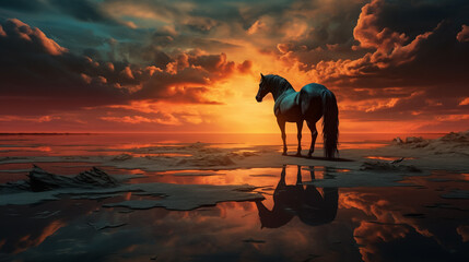 Horse on the beach on the sunset landscape background