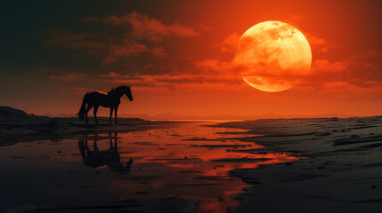 Horses on the beach at sunset landscape background