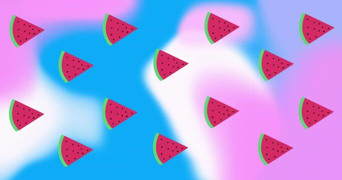 Animation of moving watermelons over blue and white shapes