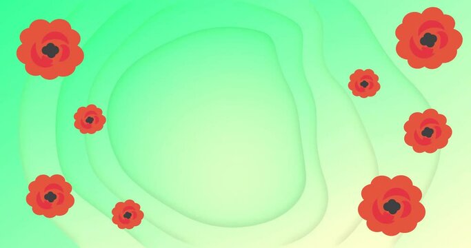 Animation of moving red flowers over green shapes
