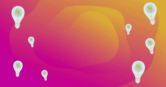 Animation of lightbulbs with trees over orange and pink shapes