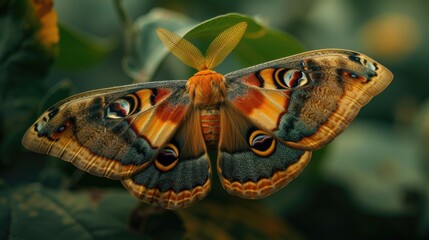 A majestic Emperor Moth showcasing its expansive and vividly patterned wings amidst the foliage.