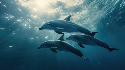 In a graceful display of aquatic prowess, a trio of dolphins glide near the ocean's surface, their movements accentuated by the sun's rays filtering through the water, casting an ethereal glow. - obrazy, fototapety, plakaty