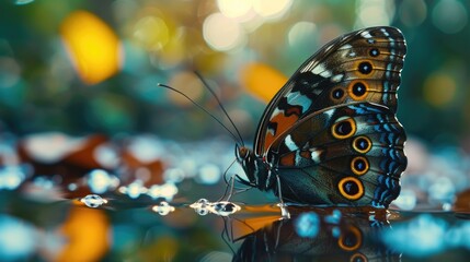 A stunning butterfly with intricate eye patterns on its wings rests delicately on water, with a...