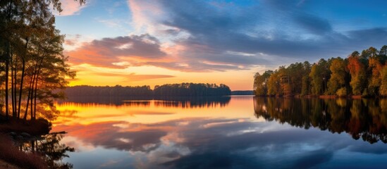 The lake is surrounded by tall trees with their branches reaching towards the colorful sky as the sun sets in the background, casting a warm glow over the serene water.