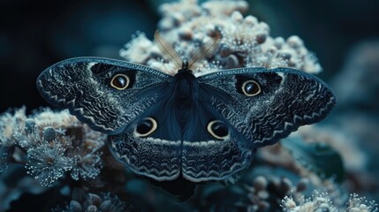 An extreme close-up lens reveals the intricate textures and mesmerizing eye-like patterns adorning the wings of a moth, beautifully juxtaposed against the vibrant colors of surrounding flowers. - obrazy, fototapety, plakaty