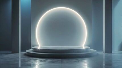 Abstract shine silver cylinder pedestal podium. Sci-fi white empty room concept with semi circle glowing neon lighting