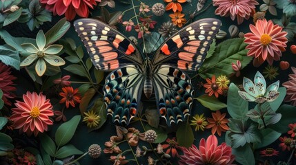 n an extreme close-up shot, the exquisite details and mesmerizing eye-like patterns of a moth's wings are unveiled as it alights on a canvas of vibrant flowers. - obrazy, fototapety, plakaty