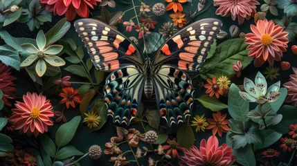 Fotobehang n an extreme close-up shot, the exquisite details and mesmerizing eye-like patterns of a moth's wings are unveiled as it alights on a canvas of vibrant flowers. © HappyFarmDesign