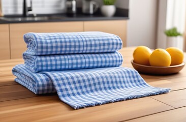 Stack of checkered towels on modern kitchen background - 749122743