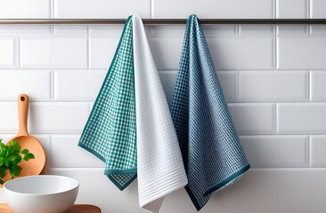 Kitchen towels hanging on hooks on tiled background - 749122787