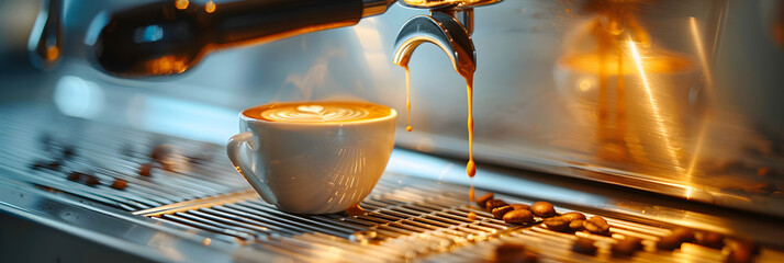 espresso coffee maker,
A cup of coffee being poured into a coffee machi. 
