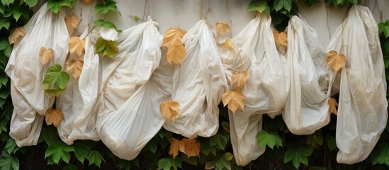 Fototapeta premium A collection of crinkled biodegradable bags are neatly hung on a leaf-covered wall, creating a functional and organized display.
