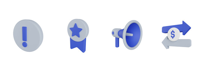 Info, Medal, Megaphone, Money Transfer. 3d render icon illustration, ecommerce 3d set, transparent background
