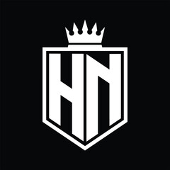 HN Logo monogram bold shield geometric shape with crown outline black and white style design