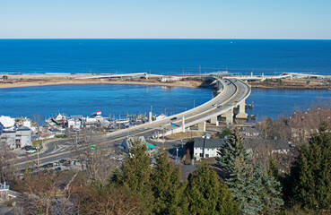 Fototapeta na wymiar Bridge on Route 36, New Jersey, connecting the Atlantic Highlands with Sandy Hook and Sea Bright in New Jersey, USA, viewed from the Navesink Twin Lights property -10