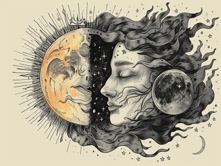 Use intricate line work to symbolize the intricate relationship between the sun and moon
