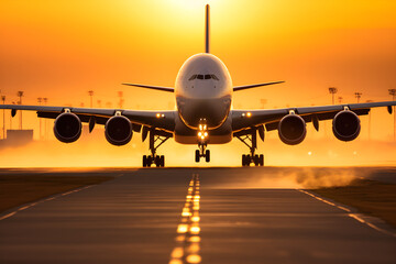 Golden Hour Landing: A Spectacular View of an Aeroplane Touching Down at Sunset - obrazy, fototapety, plakaty