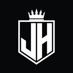 JH Logo monogram bold shield geometric shape with crown outline black and white style design