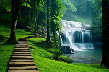 Beautiful Nature Lovely Place, Tree Park, Waterfall, Peacock bird on Mountain Stone, Water river Photo of 3d view Wallpaper. Tropical Forest Tree leaves with Peacock and waterfall, generative AI
