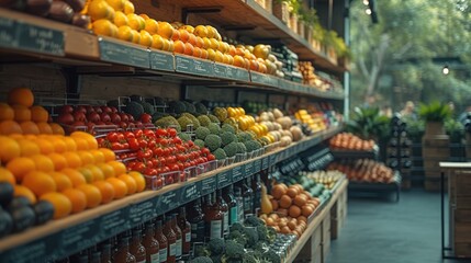 Obraz premium Supermarket Grocery Shelves scene of Fresh Fruits, Vegetables, and Supplements, Well Organized Shop Setting, Inspiring Dietary Wellness