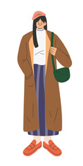 Young lady wearing fashionable winter clothes, beret hat, sweater, long coat, long striped skirt, moccasins and crossbody bag. Flat cartoon style vector illustration isolated on white background