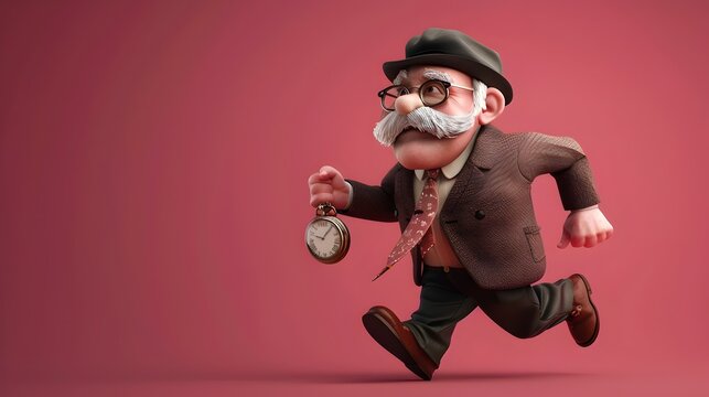 3D Illustration of an Old Man Running with a Pocket Watch