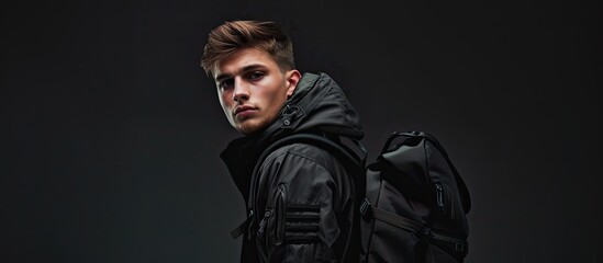 Obraz premium A trendy young man is captured in a studio photo wearing a black jacket and carrying a backpack. He exudes a cool and urban vibe, ready to tackle his day.