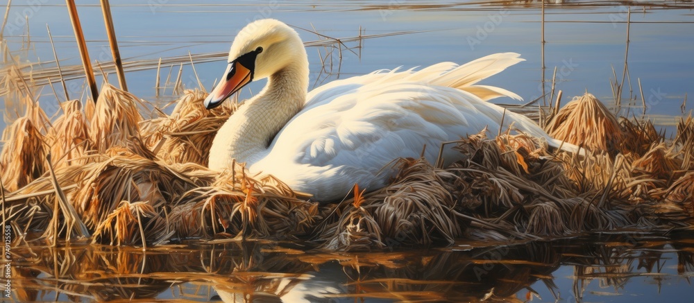 Poster A wild swan is perched on a nest made of straw, floating on the calm surface of a lake. The reflection of the swan is visible in the water below.