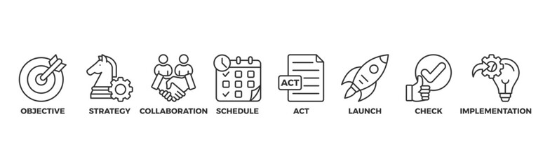 Action plan banner web icon vector illustration concept with icon of objective, strategy, collaboration, schedule, act, launch, check, and implementation