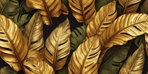 Tropical exotic seamless pattern. Grunge golden banana leaves, vintage 3D illustration. Nature abstract background design. Good for luxury wallpapers,