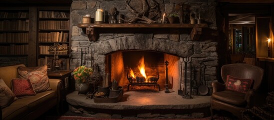 Fototapeta premium A living room featuring a cozy couch placed in front of a warm fireplace. The flames dance in the hearth, casting a comforting glow across the room.