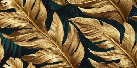Tropical exotic seamless pattern. Grunge golden banana leaves, vintage 3D illustration. Nature abstract background design. Good for luxury wallpapers,