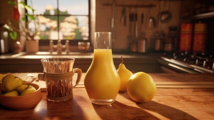Pear juice or compote in a glass with fresh fruits and leaves on a wooden table in a rustic style. A healthy sweet snack.