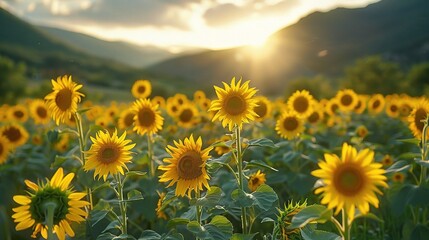 Obraz premium Beautiful field of blooming sunflowers against sunset golden light and blurry mountains landscape background