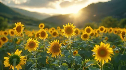 Outdoor kussens Beautiful field of blooming sunflowers against sunset golden light and blurry mountains landscape background © INK ART BACKGROUND