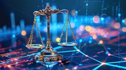 Futuristic scale of justice in blue glowing neon line background