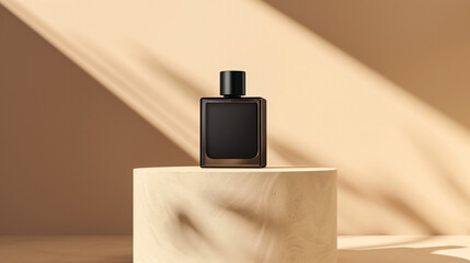 mockup of a plain black perfume bottle neatly placed on a podium on a neutral background, Ai...