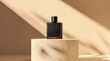 Foto op Plexiglas mockup of a plain black perfume bottle neatly placed on a podium on a neutral background, Ai generated Images © mohammad