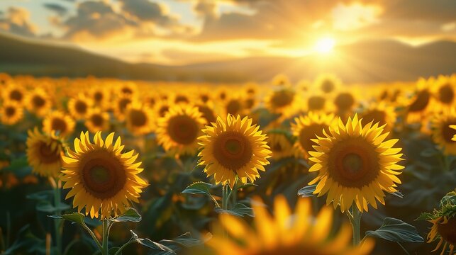 Beautiful field of blooming sunflowers against sunset golden light and blurry mountains landscape background